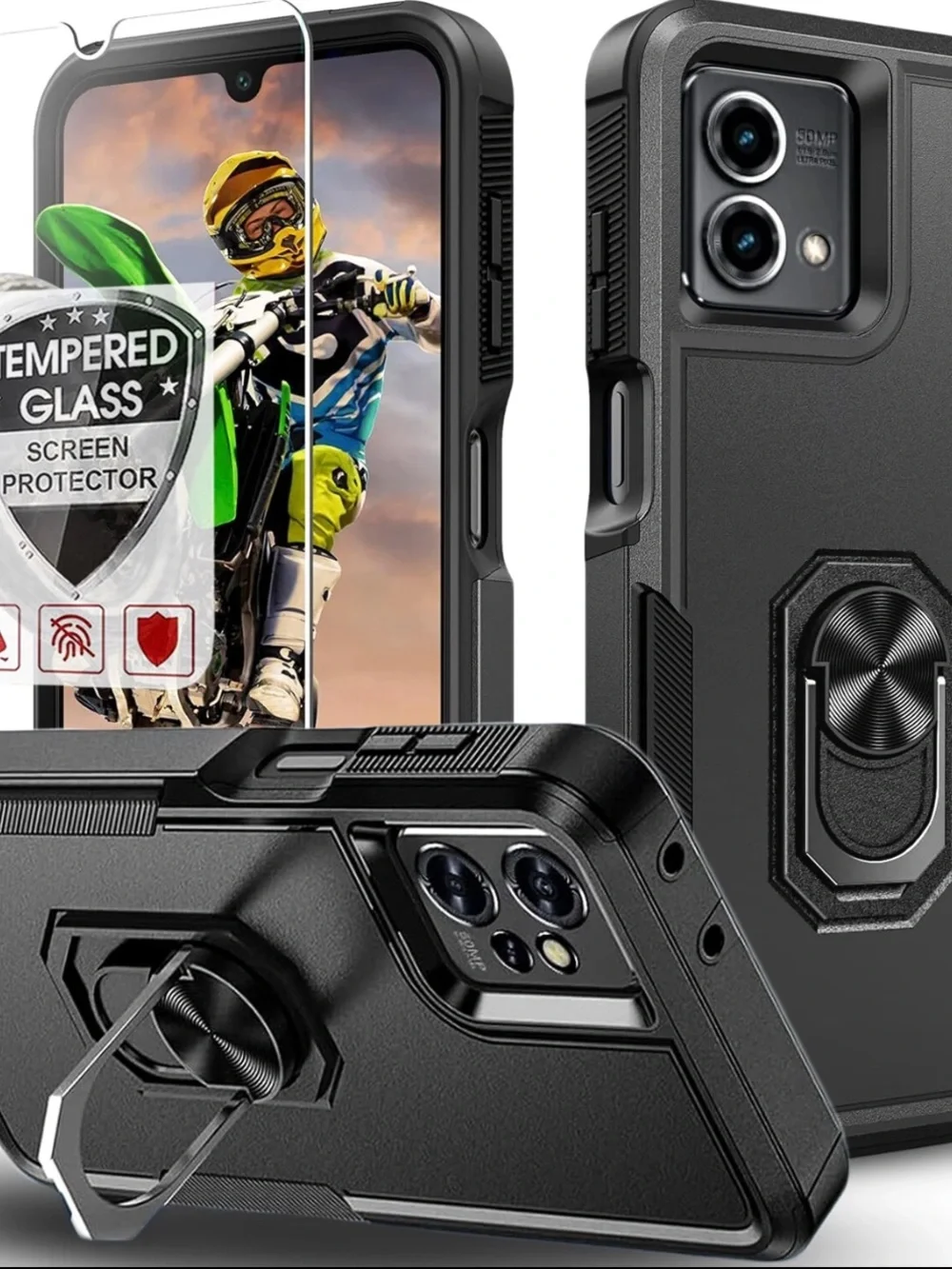 Moto G Play 4G 2024 Magnetic Case w/ Ring Kickstand + Tempered Glass Protector